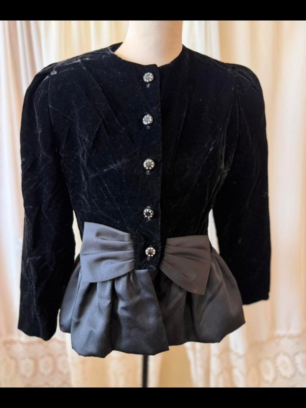Jennifer Moore Black Velvet Peplum Blazer with Satin Bow Accent